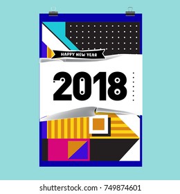 New Year 2018 Calendar Cover Template. Calendar and Poster Design with Colorful Memphis Style background.