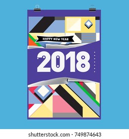 New Year 2018 Calendar Cover Template. Calendar and Poster Design with Colorful Memphis Style background.