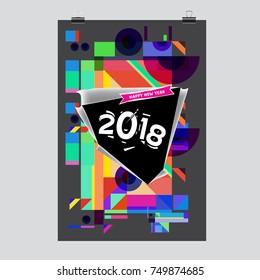 New Year 2018 Calendar Cover Template. Calendar and Poster Design with Colorful Memphis Style background.