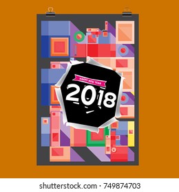 New Year 2018 Calendar Cover Template. Calendar and Poster Design with Colorful Memphis Style background.