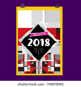 New Year 2018 Calendar Cover Template. Calendar and Poster Design with Colorful Memphis Style background.