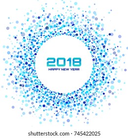 New Year 2018 Card Background. Blue Light Halftone Circle Frame using confetti circle dots texture isolated on white backdrop. Vector illustration.