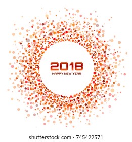 New Year 2018 Card Background. Red Light Halftone Circle Frame using confetti circle dots texture isolated on white backdrop. Vector illustration.