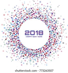 New Year 2018 Card Background. Colorful Light Halftone Christmas Circle Frame using confetti circle dots texture isolated on white backdrop. Vector illustration