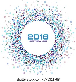 New Year 2018 Card Background. Colorful Light Halftone Christmas Circle Frame using confetti circle dots texture isolated on white backdrop. Vector illustration.