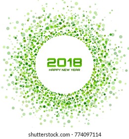 New Year 2018 Card Background. Green Light Halftone Christmas Circle Frame using snowflake confetti  circle dots texture isolated on white backdrop. Vector illustration.