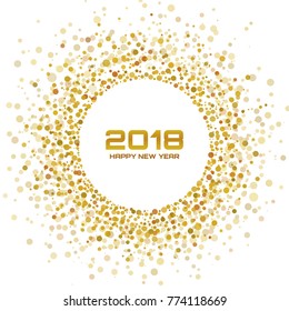 New Year 2018 Card Background. Gold Light Halftone Christmas Circle Frame using snowflake confetti  circle dots texture isolated on white backdrop. Vector illustration.