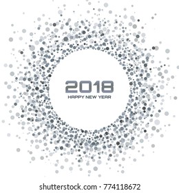 New Year 2018 Card Background. Gray Light Halftone Christmas Circle Frame using snowflake confetti  circle dots texture isolated on white backdrop. Vector illustration.