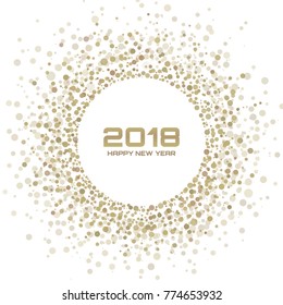 
 New Year 2018 Card Background. Gold Light Halftone Christmas Circle Frame Using Snowflake Confetti Circle Dots Texture Isolated On White Backdrop. Vector Illustration.
