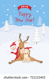 New year 2018 card with smiling cartoon santa claus, sitting dog and reindeer, ribbon with 2018 and text  Happy New year on the winter landscape background. eps 10