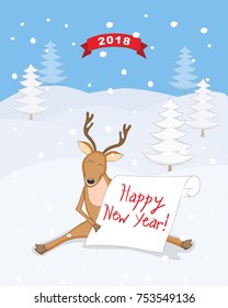 New year 2018 card with smiling cartoon  reindeer, ribbon with 2018 and text  Happy New year on the paper on the winter landscape background. eps 10
