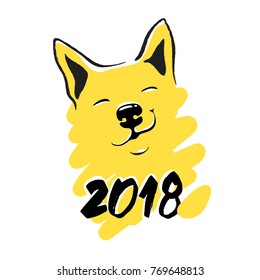 New Year 2018 card stylized painted happy yellow dog. I wish a happy new year in Chinese. vector funny postcard