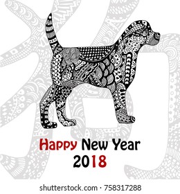 New Year 2018 card with zentangle inspired handdrawn dog in black and white, Chinese hieroglyph as background