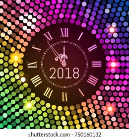New Year 2018 celebration background. Colored circle disco pattern background with clock number 2018. Shining gradient club neon Happy New Year greeting holiday banner. Vector illustration EPS 10