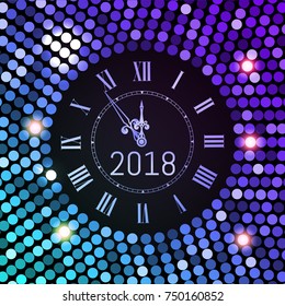 New Year 2018 celebration background. Purple circle disco pattern background with clock number 2018. Shining gradient club neon Happy New Year greeting holiday banner. Vector illustration EPS 10