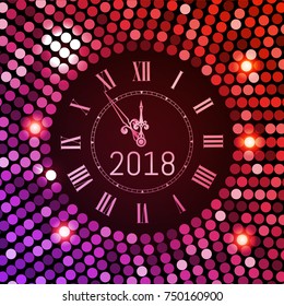 New Year 2018 celebration background. Pink colored sequins disco pattern background with clock number 2018. Shining gradient club neon Happy New Year greeting holiday banner. Vector illustration