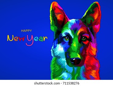 New Year 2018. Chinese New Year of the Dog. Shepherd on a blue background. Winter snow. New Year and Christmas card for your design. cover for calendar