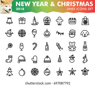 New Year 2018 and Christmas celebration classic line icons set, vector symbol pictogram collection pack isolated on white, with logo illustration and year symbol in low poly design