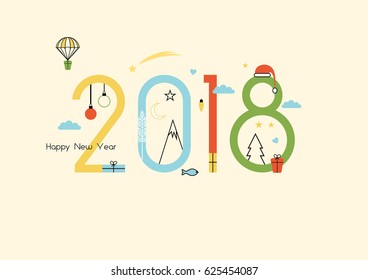 New Year 2018 and Christmas flat line design