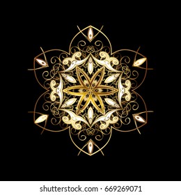 New Year 2018 collection. Black golden snowflakes in abstract style. Ornamental artistic vector illustration in black colors for Merry christmas cards. Freehand ethnic Xmas sketch.