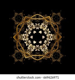 New Year 2018 collection. Freehand ethnic Xmas sketch. Black golden snowflakes in abstract style. Ornamental artistic vector illustration in black colors for Merry christmas cards.