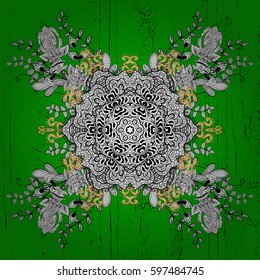 New Year 2018 collection. White snowflakes in abstract style. Ornamental artistic vector illustration in green colors for Merry christmas cards. Freehand ethnic Xmas sketch.