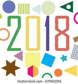 New year 2018. Colorful design in memphis style for to print on a t-shirt and poster
