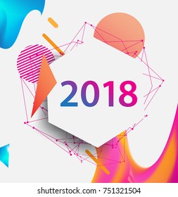 New year 2018. Colorful design. Calendar template. with colorful geometric, fluid and pattern object, for celebration background. Greeting card. Vector illustration.

