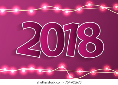 New Year 2018 concept with paper cuted white numbers on realistic Christmas lights decorations on purple background. For greeting cards. Vector illustration
