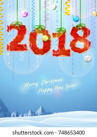 New Year 2018 of crumpled paper as christmas decoration. Winter landscape with holiday congratulation