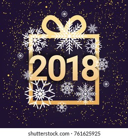 New Year 2018 Decoration Design Present Box With Beautiful Snowflakes Over Blue Background Vector Illustration