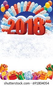 New Year 2018 decoration on white winter background with balloons and gifts.