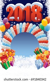 New Year 2018 decoration on white winter background with balloons and gifts.