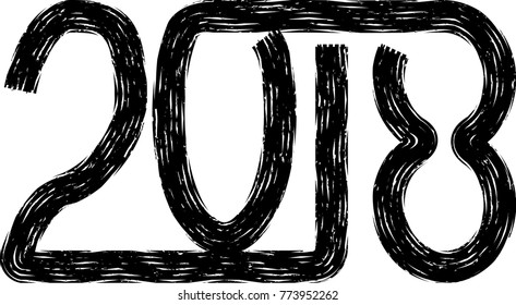 New year 2018. distress design . vector Hand drawn made numbers with grunge brush strokes and distress texture . Chinese calligraphy