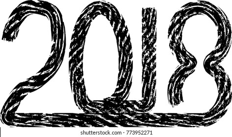 New year 2018. distress design . vector Hand drawn made numbers with grunge brush strokes and distress texture . Chinese calligraphy