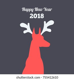 New Year 2018, Doberman with deer horns, flat vector illustration, red, dark, white, gray