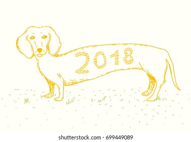  New year 2018 year of the dog. Art with yellow dachshund