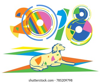 New Year 2018 of dog.  Vector illustration of 2018 made of colorful polygonal shapes, triangles and other geometric shapes