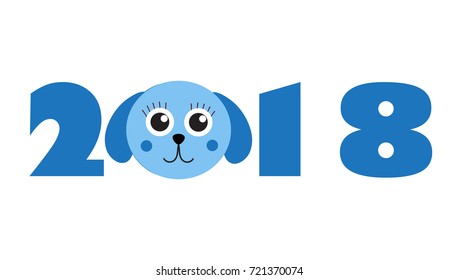 New Year 2018 figures with cute puppy, dog, isolated on white background. Vector illustration