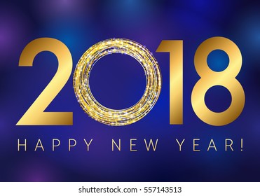 New year 2018 gold colored vector logo. Happy holidays colorful greeting card with shining stars, lighting sparks and figures 2018 on abstract blue background.