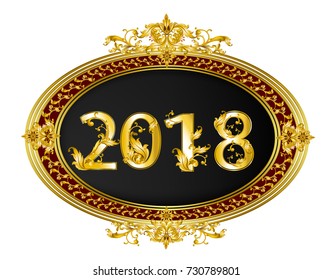  new year 2018 , gold numbers with golden frame decorated with gold metal baroque elements