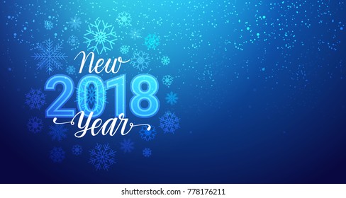 New Year 2018 Greeting Banner With Snowflakes Bokeh On Blue Background Vector Illustration