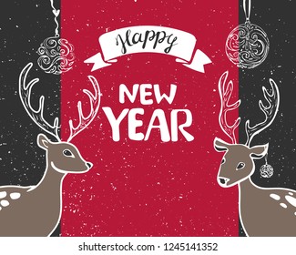 New Year 2018 greeting card decorate gift box and serpentine, gold balls and stars, branch and cone. Vector illustration.