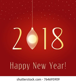 New year 2018 greeting card. Winter holiday background, vector illustration. A New year or Christmas festive background with golden christmas balls, star light, snowfall and a garland