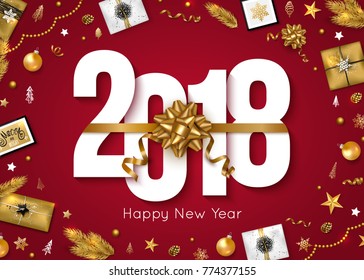 New Year 2018 greeting card decorate gift box serpentine gold balls stars branch and cone. Vector illustration.
