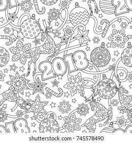 New year 2018 hand drawn outline festive seamless pattern with snowflakes, christmas balls, deers and stars isolated on white background. coloring antistress book for adult. Art vector illustration.