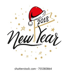 New Year 2018. Hand drawn logo for New Year card, poster, design. Modern hand lettering on white background