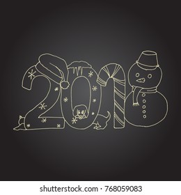 New Year 2018. Hand drawn logo for New Year card, poster, design. Santa hat. dog, snowman, candy stick on stylized year lettering