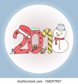 New Year 2018. Hand drawn logo for New Year card, poster, design. Santa hat. dog, snowman, candy stick on stylized year lettering