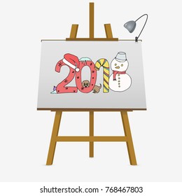 New Year 2018. Hand drawn logo for New Year card, poster, design. Santa hat. dog, snowman, candy stick on stylized year lettering